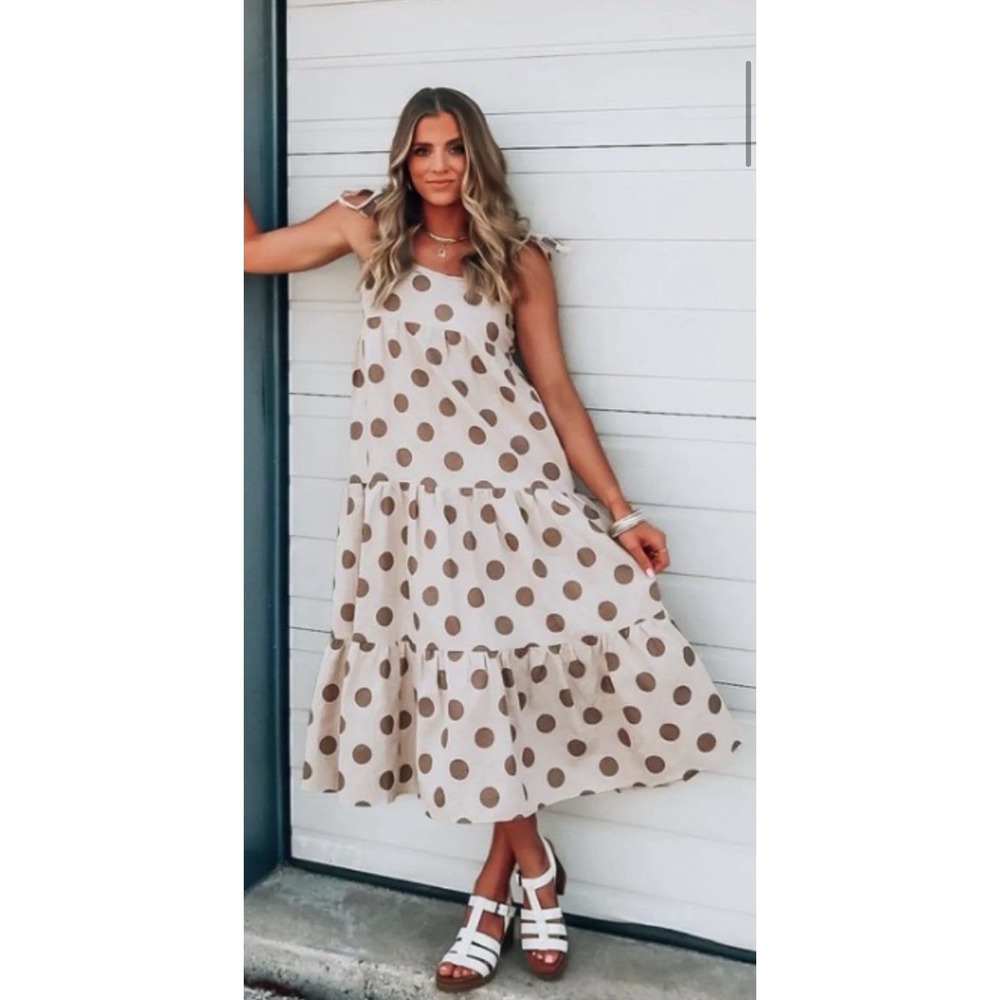 LUCCA LINEN BLEND EMMELINE POLKA DOT TIE SHOULDER MAXI DRESS SIZE LARGE